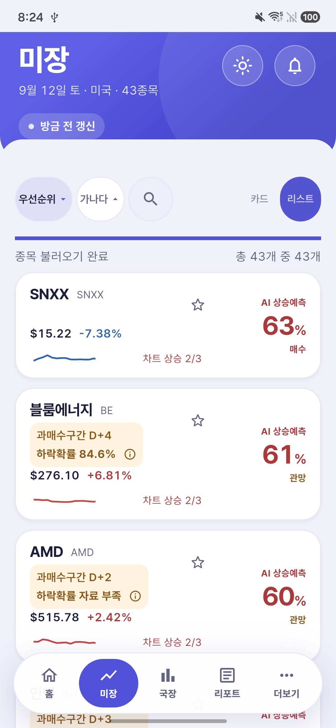 미장 종목의 가격과 AI 예측을 모아 보는 리스트 화면